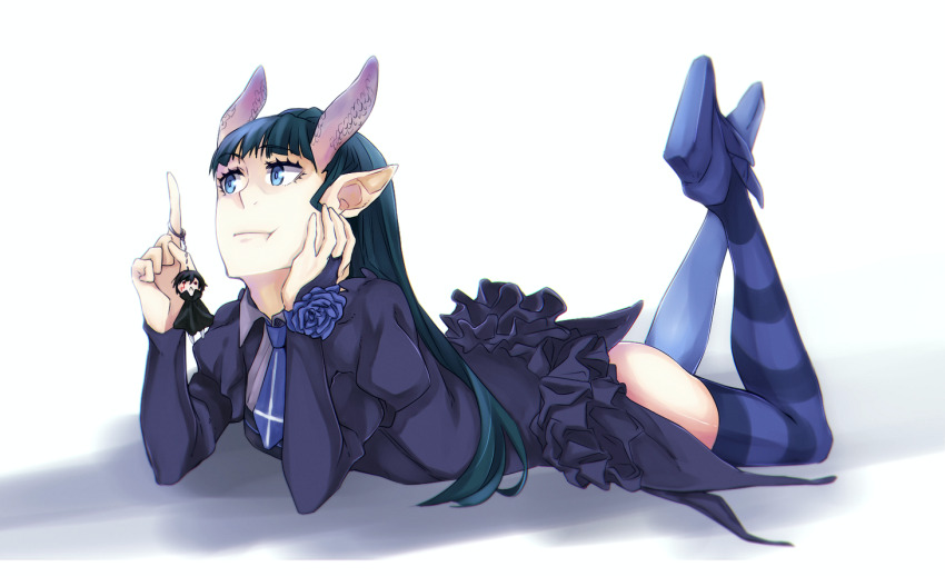1girl black_shirt blassreiter blue_eyes blue_flower blue_necktie character_doll doll elea flower full_body horns joseph_jobson long_hair lying mintcider necktie on_stomach pointy_ears shirt simple_background solo striped_clothes striped_thighhighs the_pose thighhighs white_background