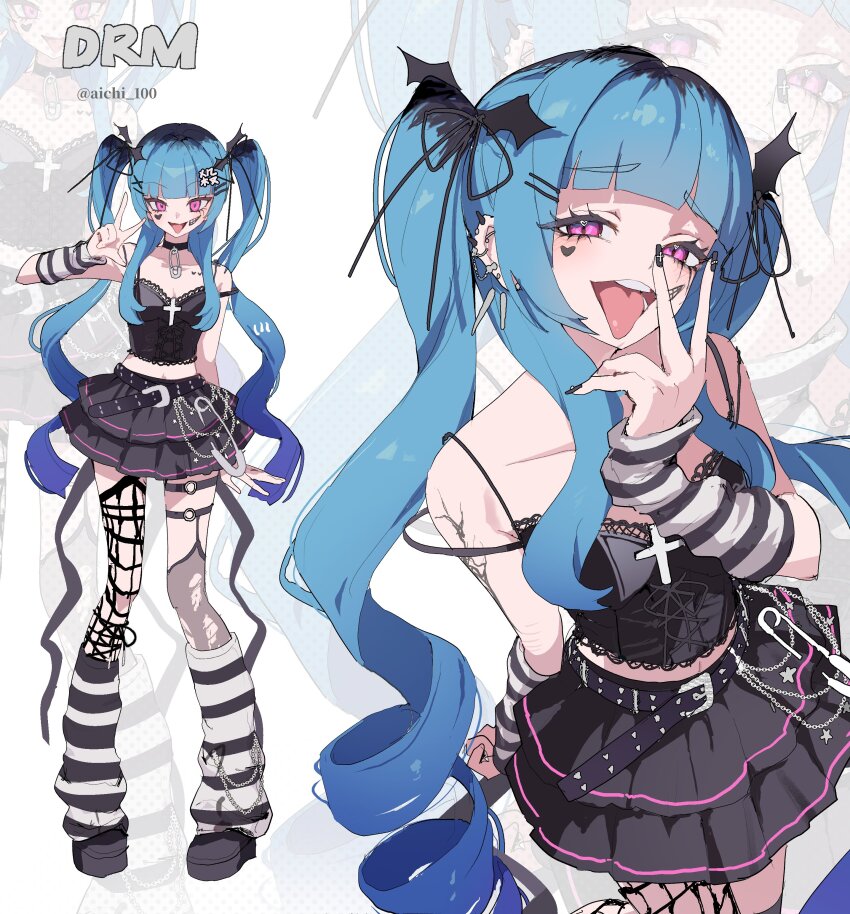 1girl alternate_costume amemiya_darumi black_hair black_nails black_skirt blue_hair ear_piercing earrings fishnets heart jewelry looking_at_viewer multicolored_hair multiple_views navel piercing pink_eyes pleated_skirt safety_pin skirt socks solo striped_clothes striped_socks the_hundred_line_-last_defense_academy- tongue tongue_out twintails
