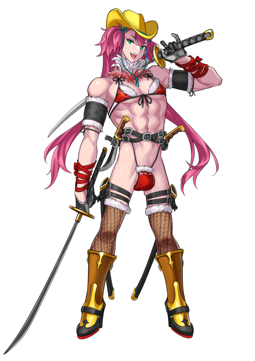 1boy bikini bishounen black_gloves boots bulge cowboy_hat cowboy_western crossdressing crossdressing_(mtf) crossed_belts feather_boa full_body genderswap genderswap_(ftm) gloves green_eyes hat high_heel_boots high_heels highres holding holding_sword holding_weapon kagura_(oneechanbara) katana long_hair looking_at_viewer muscular muscular_male oneechanbara open_mouth p.maker revealing_clothes simple_background solo standing swimsuit sword thong tsuba_(guard) twintails weapon white_background