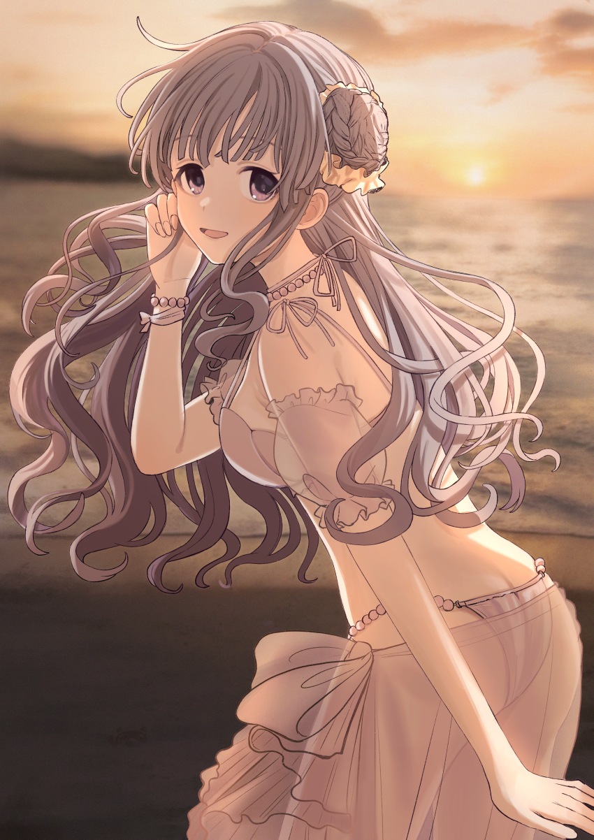 1girl :d absurdres ass bare_shoulders beach bikini blurry blurry_background bracelet braid braided_bun breasts butt_crack commentary_request cowboy_shot depth_of_field detached_sleeves fingernails flipped_hair floating_hair from_side hair_bun hair_ornament hair_scrunchie hand_on_own_face hand_up highres horizon idolmaster idolmaster_shiny_colors jewelry large_breasts leaning_forward long_hair looking_at_viewer looking_to_the_side necklace ocean open_mouth outdoors pearl_bracelet pearl_necklace puffy_detached_sleeves puffy_sleeves purple_bikini purple_eyes purple_hair purple_sarong raised_eyebrows sarong scrunchie see-through_clothes see-through_sarong see-through_sleeves sidelocks sideways_glance single_side_bun smile solo sun sunset swimsuit tanupon tareme thick_eyelashes turning_head wavy_hair yellow_scrunchie yukoku_kiriko