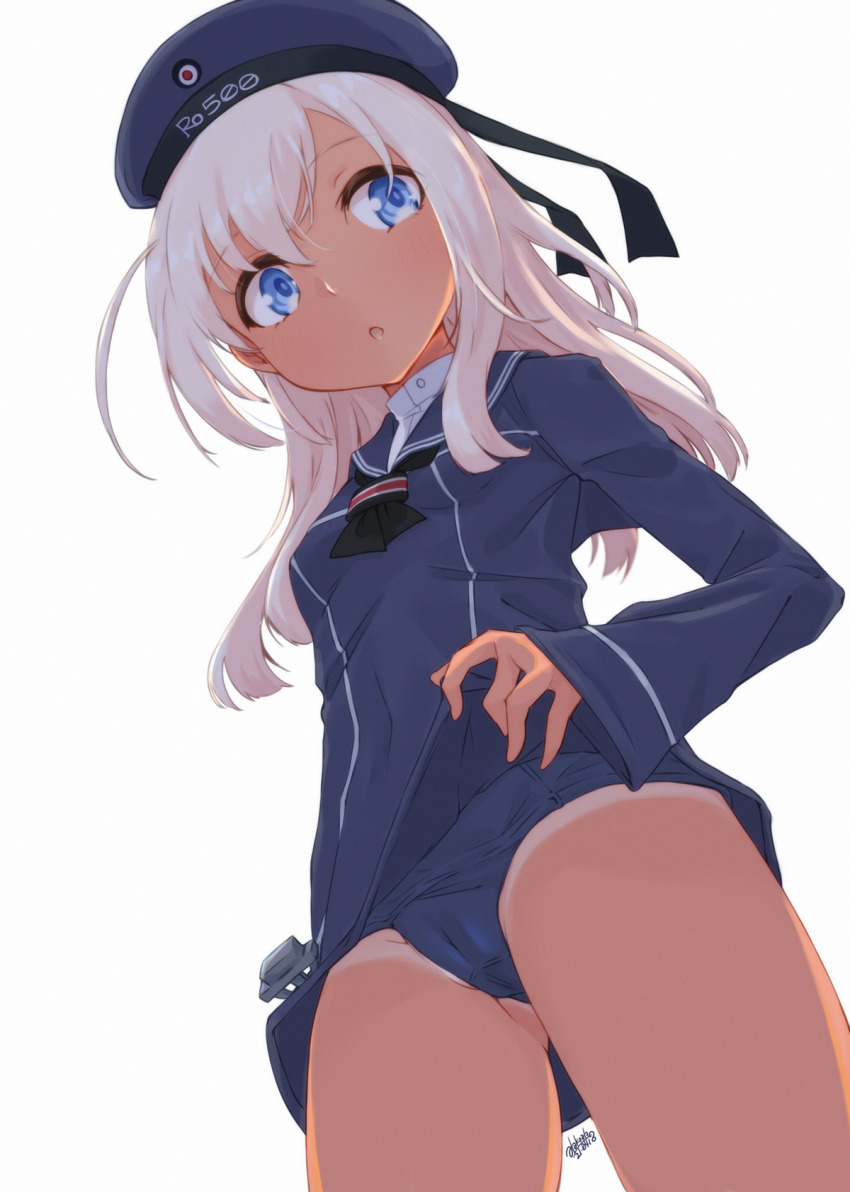 1girl alakoala blue_eyes blush breasts cameltoe commentary_request cosplay dress from_below gluteal_fold hat highres kantai_collection long_hair long_sleeves looking_at_viewer military military_uniform one-piece_swimsuit one-piece_tan open_mouth ro-500_(kancolle) sailor_collar sailor_hat school_swimsuit small_breasts solo swimsuit swimsuit_under_clothes tan tanline z1_leberecht_maass_(kancolle) z1_leberecht_maass_(kancolle)_(cosplay)