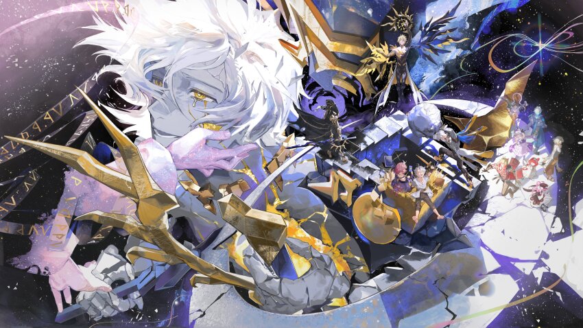 6+boys 6+girls absurdres aglaea_(honkai:_star_rail) anaxa_(honkai:_star_rail) animal_ears armored_gloves black_pants blonde_hair blood bloody_tears blue_eyes book card castorice_(honkai:_star_rail) cat_ears cat_girl cat_tail cipher_(honkai:_star_rail) coat commentary_request cyrene_(honkai:_star_rail) dress flame_reaver_of_the_deepest_dark gold_blood green_hair grey_hair hair_ornament hand_on_another&#039;s_cheek hand_on_another&#039;s_face highres holding holding_card honkai:_star_rail honkai_(series) hyacine_(honkai:_star_rail) long_hair mau_sakura multiple_boys multiple_girls multiple_persona mydei_(honkai:_star_rail) open_mouth pants phainon_(honkai:_star_rail) pink_hair purple_coat purple_hair red_hair rock short_hair sitting sky smile star_(sky) starry_sky tail tarot tarot_card topless_male tribbie_(honkai:_star_rail) wheat white_dress white_hair yellow_eyes