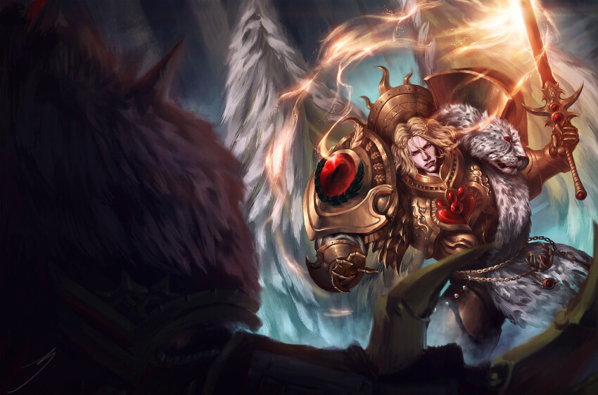 2boys angel angel_wings armor battle black_legion blade_encarmine blood_angels breastplate clawed_gauntlets commentary couter cowboy_shot english_commentary from_behind fur-trimmed_armor fur_trim gauntlets gem glowing glowing_sword glowing_weapon gold_armor highres holding holding_sword holding_weapon horus_lupercal incoming_attack laurel_crown leg_armor leopard_pelt light_trail male_focus multiple_boys ornate_armor out_of_frame pauldrons pelt power_armor primarch red_eyes red_gemstone regalia_resplendent rerebrace sanguinius shoulder_armor signature snow_leopard_pelt solo_focus straight-on sword teardrop-shaped_gem titanforg view_over_shoulder warhammer_40k weapon white_wings wings