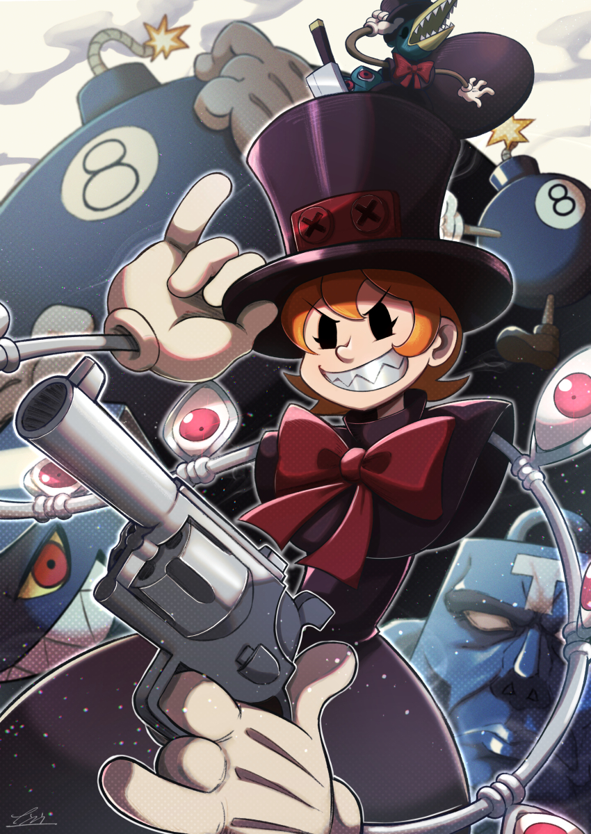 1girl absurdres adjusting_clothes adjusting_headwear andy_anvil avery_(skullgirls) bow cyborg dress fuse george_the_bomb gloves grin gun handgun hat highres lenny_the_bomb lit_fuse nankou_(koutanan) orange_hair peacock_(skullgirls) revolver sharp_teeth short_hair skullgirls smile smoke teeth tommy_ten-tons top_hat weapon