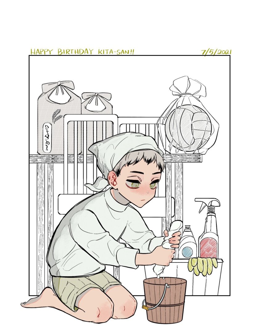 1boy bag ball bandana barefoot black_hair bottle bucket chair character_name closed_mouth coco_(238243) colored_tips commentary_request dated gloves grey_eyes grey_hair haikyuu!! happy_birthday highres holding holding_towel kita_shinsuke long_sleeves male_focus multicolored_hair plastic_bag rubber_gloves seiza shirt shorts sitting soap_bottle solo table towel volleyball_(object) white_bandana white_shirt wooden_bucket wooden_table
