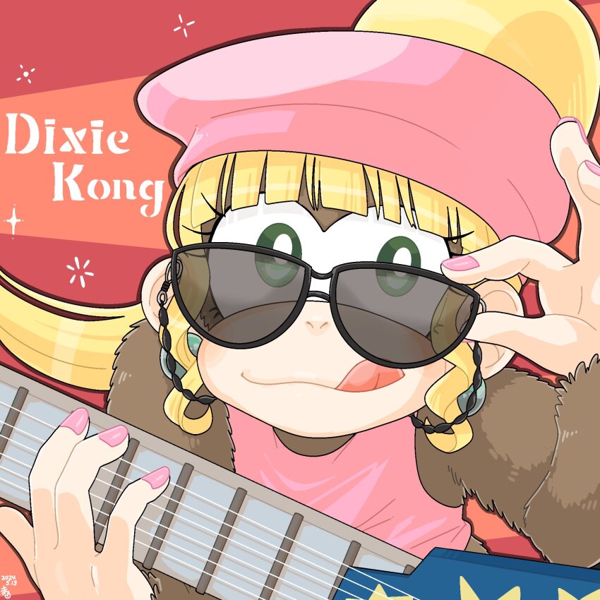 1girl adjusting_eyewear black-framed_eyewear blonde_hair bright_pupils brown_fur character_name dixie_kong donkey_kong_(series) furry furry_female green_eyes guitar hat highres holding holding_guitar holding_instrument instrument licking_lips long_hair looking_at_viewer maaruutaa0 nintendo pink_hat solo sunglasses tinted_eyewear tongue tongue_out upper_body white_pupils