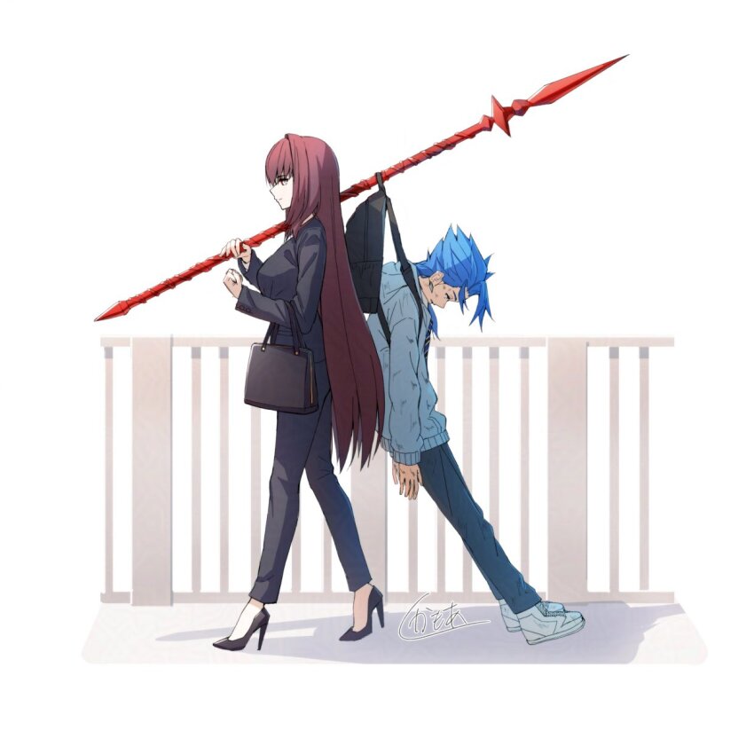 1boy 1girl arms_up bag black_jacket black_pants black_shoes blue_hair blue_pants blue_sweater breasts bruise bruise_on_face closed_mouth cu_chulainn_(fate) denim earrings fate/grand_order fate_(series) formal_clothes full_body gae_bolg_(fate) handbag high_heels highres holding holding_bag holding_polearm holding_weapon injury jacket jeans jewelry kamo_ashi long_hair long_sleeves looking_ahead looking_down pants piercing polearm railing red_hair scathach_(fate) setanta_(fate) shoes signature sneakers suit suit_jacket sweater very_long_hair walking weapon white_background white_shoes