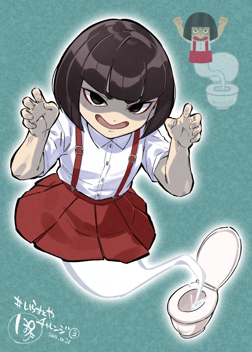 1girl absurdres arms_up black_eyes black_hair blue_background blunt_bangs bob_cut chibi chibi_inset dated ghost hanako-san_(toire_no_hanako-san) highres irasutoya irasutoya_challenge looking_at_viewer pomita red_skirt shirt short_sleeves skirt smile suspender_skirt suspenders toilet toire_no_hanako-san white_shirt