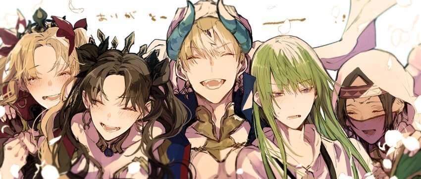 2boys 3girls blonde_hair blush brown_hair closed_eyes commentary_request enkidu_(fate) ereshkigal_(fate) fate/grand_order fate_(series) gilgamesh gilgamesh_(caster)_(fate) gilgamesh_(fate) green_hair happy_tears headband hood ishtar_(fate) kingu_(fate) long_hair multiple_boys multiple_girls purple_eyes rata_to short_hair siduri_(fate) simple_background smile tears two_side_up white_background white_hood