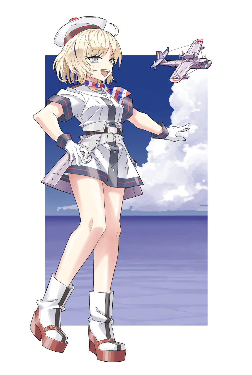 1girl :d absurdres ahoge aircraft airplane belt beret blonde_hair blue_hair blue_sky boots border cloud commentary_request dress flag_print flying_boat french_flag french_flag_print gloire_(kancolle) gloves grey_eyes hand_on_own_hip hat highres kantai_collection kazh_(kazu) loire_130 microdress multicolored_hair neckerchief ocean open_mouth outside_border sailor_collar seaplane short_sleeves sky smile solo streaked_hair teeth upper_teeth_only white_boots white_border white_dress white_gloves white_sailor_collar