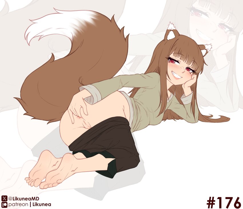 1girl anal_fingering animal_ear_fluff animal_ears anus barefoot blush brown_hair brown_pants cleft_of_venus clothes_pull commentary english_commentary fang feet fingering green_shirt grin highres holo likunea long_hair long_sleeves looking_at_viewer lying on_side pants pants_pull parted_lips patreon_logo patreon_username pussy red_eyes shirt smile soles spice_and_wolf tail toes twitter_username twitter_x_logo uncensored wolf_ears wolf_girl wolf_tail zoom_layer