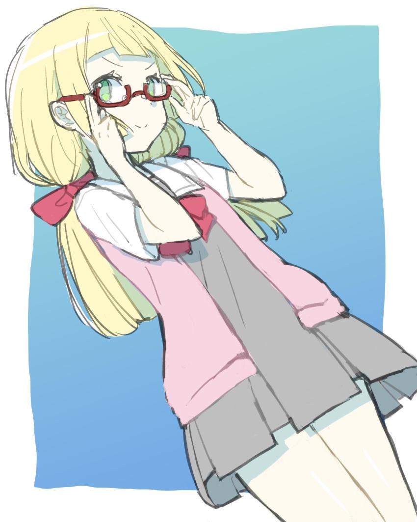 1girl absurdres adjusting_eyewear blonde_hair closed_mouth creatures_(company) dress female_focus game_freak glasses green_eyes highres lillie_(pokemon) long_hair nintendo official_alternate_costume peppedayo_ne pokemon pokemon_(anime) pokemon_sm113 pokemon_sm_(anime) red-framed_eyewear school_uniform short_dress short_sleeves simple_background smile solo white_background