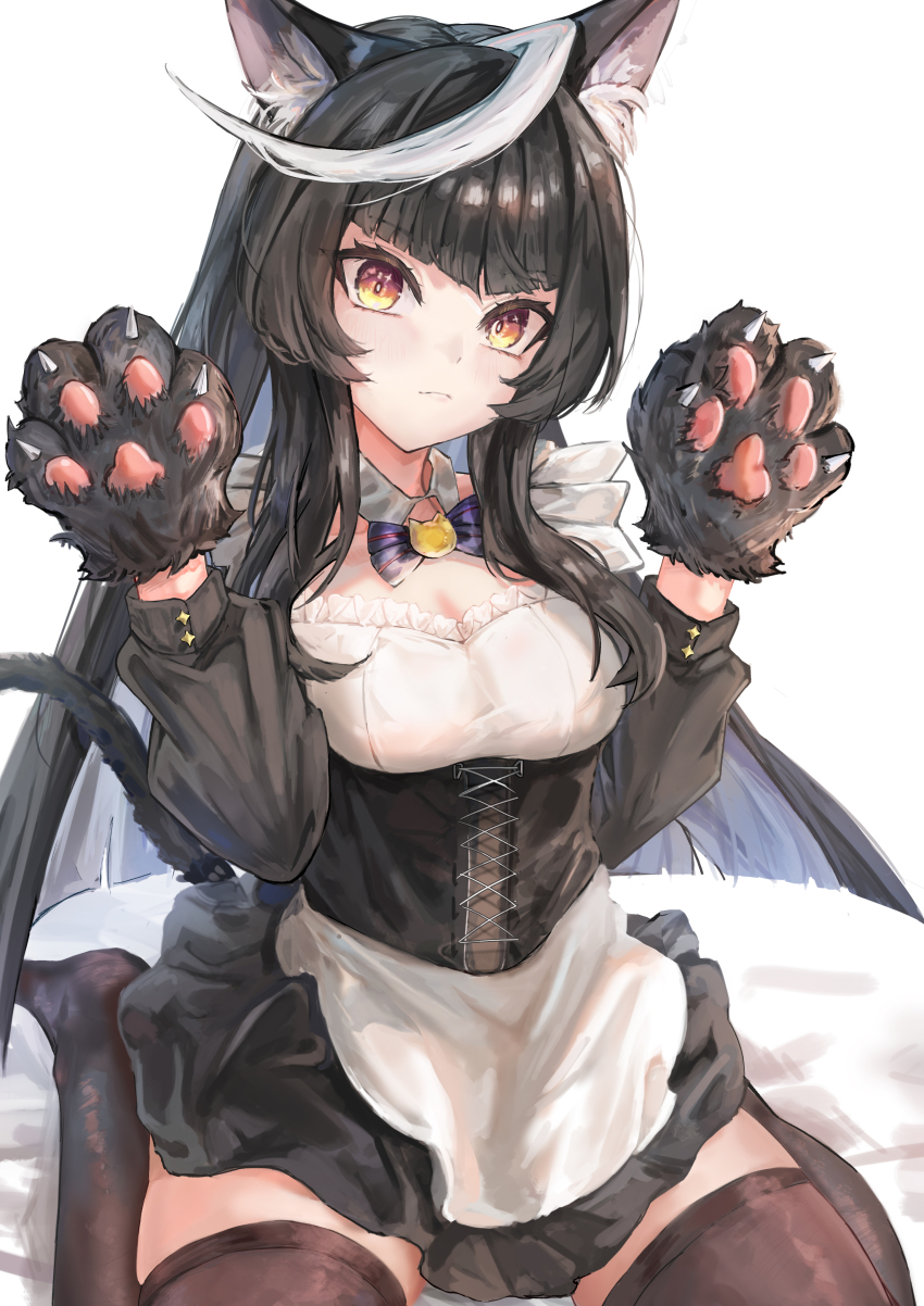1girl absurdres ahoge alternate_animal_ears alternate_costume animal_ear_fluff animal_ears animal_hands black_corset black_hair black_thighhighs bow bowtie breasts calstone_light_o_(umamusume) cat_ears cat_tail cleavage closed_mouth commentary_request corset dress enmaided frilled_dress frills gloves hair_between_eyes highres long_hair looking_at_viewer maid medium_breasts multicolored_hair on_ground paw_gloves purple_bow purple_bowtie sidelocks simple_background sitting solo streaked_hair tail thighhighs umamusume wariza white_background white_hair x_1031_xter yellow_eyes