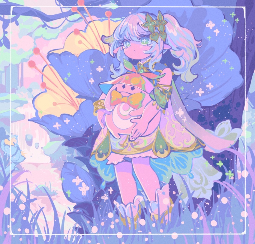 1girl alternate_colored_grass aranara_(genshin_impact) border bow bowtie bright_pupils child closed_mouth colored_skin creature dot_mouth flower genshin_impact grass green_eyes highres holding holding_creature limited_palette looking_ahead nahida_(genshin_impact) no_nose oversized_plant pastel_colors pink_skin purple_flower sparkle standing symbol-shaped_pupils three_quarter_view tsumori_ren water waterfall white_border white_hair white_pupils
