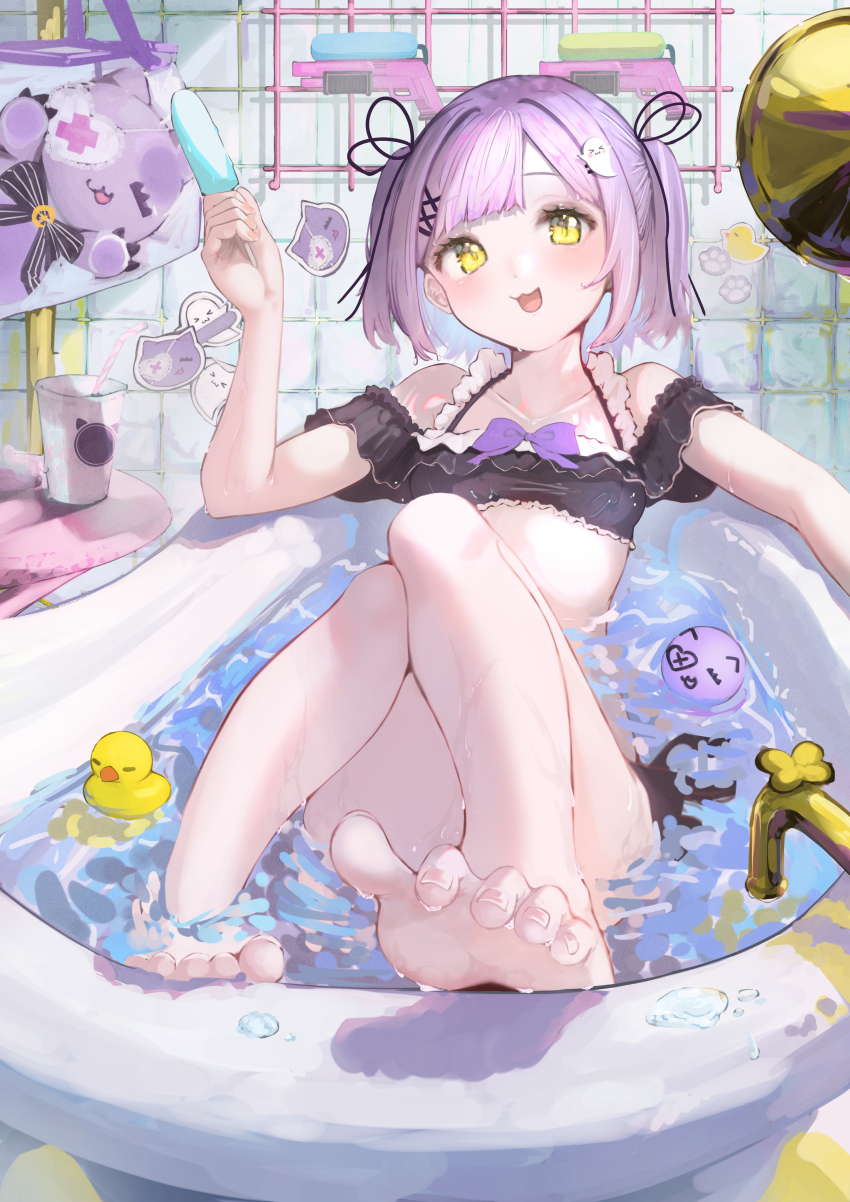 1girl :3 absurdres arm_rest bathing bathroom bathtub bikini black_bikini black_ribbon breasts clothed_bath collarbone elbow_rest feet flower frilled_bikini frills ghost_hair_ornament hair_flower hair_ornament hair_ribbon hand_up highres knees_up kobakoba0_0 looking_at_viewer off-shoulder_bikini off_shoulder official_alternate_costume open_mouth parted_bangs purple_hair ribbon rubber_duck shinomiya_runa shinomiya_runa_(summer_c102) short_hair small_breasts smile soap solo sticker straight-on stuffed_animal stuffed_cat stuffed_toy swimsuit toenails toes two_side_up virtual_youtuber vspo! x_hair_ornament yellow_eyes