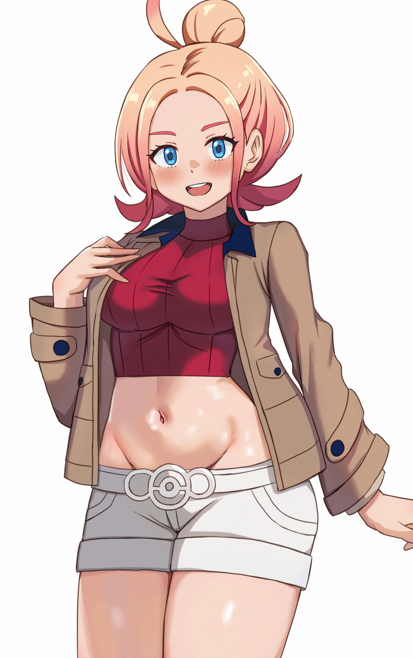 1girl absurdres ahoge blue_eyes breasts brown_coat coat hair_bun highres looking_at_viewer medium_breasts midriff navel nintendo nootomo open_clothes open_coat open_mouth orange_hair pokemon pokemon_legends:_z-a red_sweater shorts simple_background single_hair_bun smile solo sweater taunie_(pokemon) teeth upper_teeth_only white_background white_shorts
