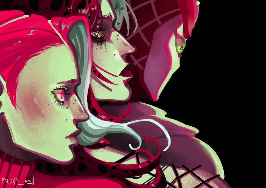 1other 2boys asymmetrical_bangs black_background diavolo freckles from_side green_theme grey_hair highres jojo_no_kimyou_na_bouken king_crimson_(stand) male_focus multicolored_hair multiple_boys polka_dot polka_dot_hair portrait red_hair red_lips rur_el stand_(jojo) upper_body vento_aureo vinegar_doppio