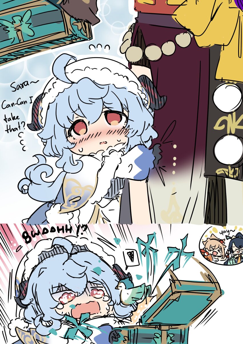 &gt;_&lt; 4girls :d absurdres aged_down ahoge black_hair blue_hair commentary crying crying_with_eyes_open english_commentary english_text ganyu_(genshin_impact) ganyu_(young)_(genshin_impact) genshin_impact giving glasses goat_horns hadanugi_dousa hair_between_eyes height_difference highres horns japanese_clothes kujou_sara light_brown_hair long_hair long_sleeves looking_at_another multiple_girls official_alternate_costume official_alternate_hairstyle open_kimono open_mouth out_of_frame ponytail prank red_eyes sarashi scared sesield sidelocks simple_background sketch smile tears treasure_chest wide_sleeves xd xianyun_(genshin_impact) yoimiya_(genshin_impact)