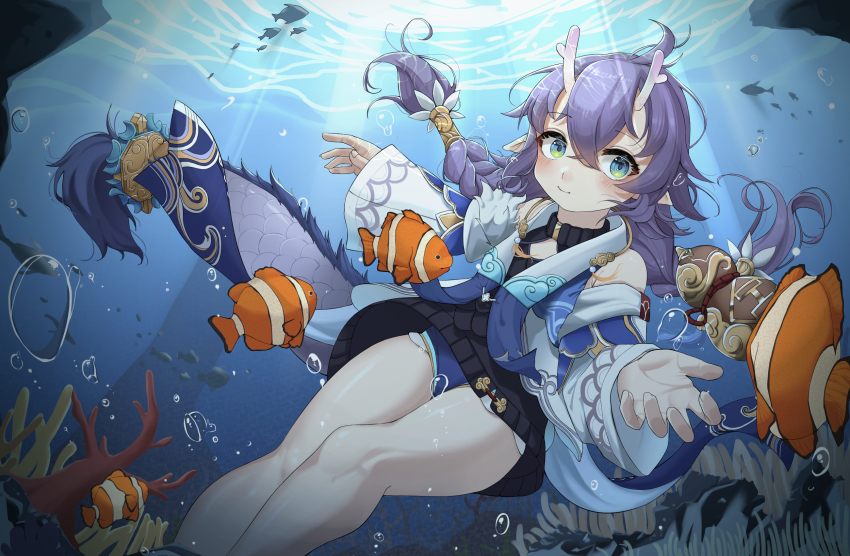 1girl 4others ahoge bailu_(honkai:_star_rail) blush braid chinese_clothes clownfish coral detached_sleeves dragon_girl dragon_horns dragon_tail eastern_dragon_horns feet_out_of_frame fins fish gourd hair_between_eyes highres honkai:_star_rail honkai_(series) horns long_hair multiple_others pout purple_hair smile symbol_world tail thighs underwater wide_sleeves