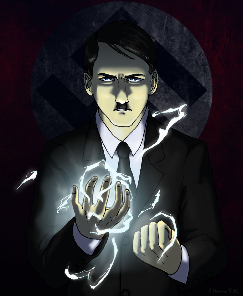 1boy adolf_hitler artist_name black_facial_hair black_hair black_necktie black_suit blue_eyes buttons clenched_hand collared_shirt commentary dark_background doqida67 dress_shirt electricity english_commentary facial_hair fingernails formal_clothes highres jacket lapels long_sleeves male_focus multicolored_background mustache nazi nazi_flag necktie notched_lapels parted_lips politician real_life sanpaku serious shirt short_hair suit suit_jacket swastika toothbrush_mustache upper_body very_short_hair white_shirt