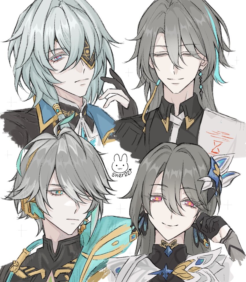 1boy 3boys alhaitham_(genshin_impact) anaxa_(honkai:_star_rail) artist_name black_gloves black_shirt closed_eyes closed_mouth company_connection earrings eyepatch genshin_impact gloves green_eyes grey_hair hair_ornament half_gloves hashtag-only_commentary highres honkai:_star_rail honkai_(series) honkai_impact_3rd jewelry long_hair mihoyo multiple_boys partially_fingerless_gloves red_eyes sher22i shirt short_hair smile su_(honkai_impact) trait_connection vita_(honkai_impact) vita_(lone_planetfarer)_(honkai_impact) white_background
