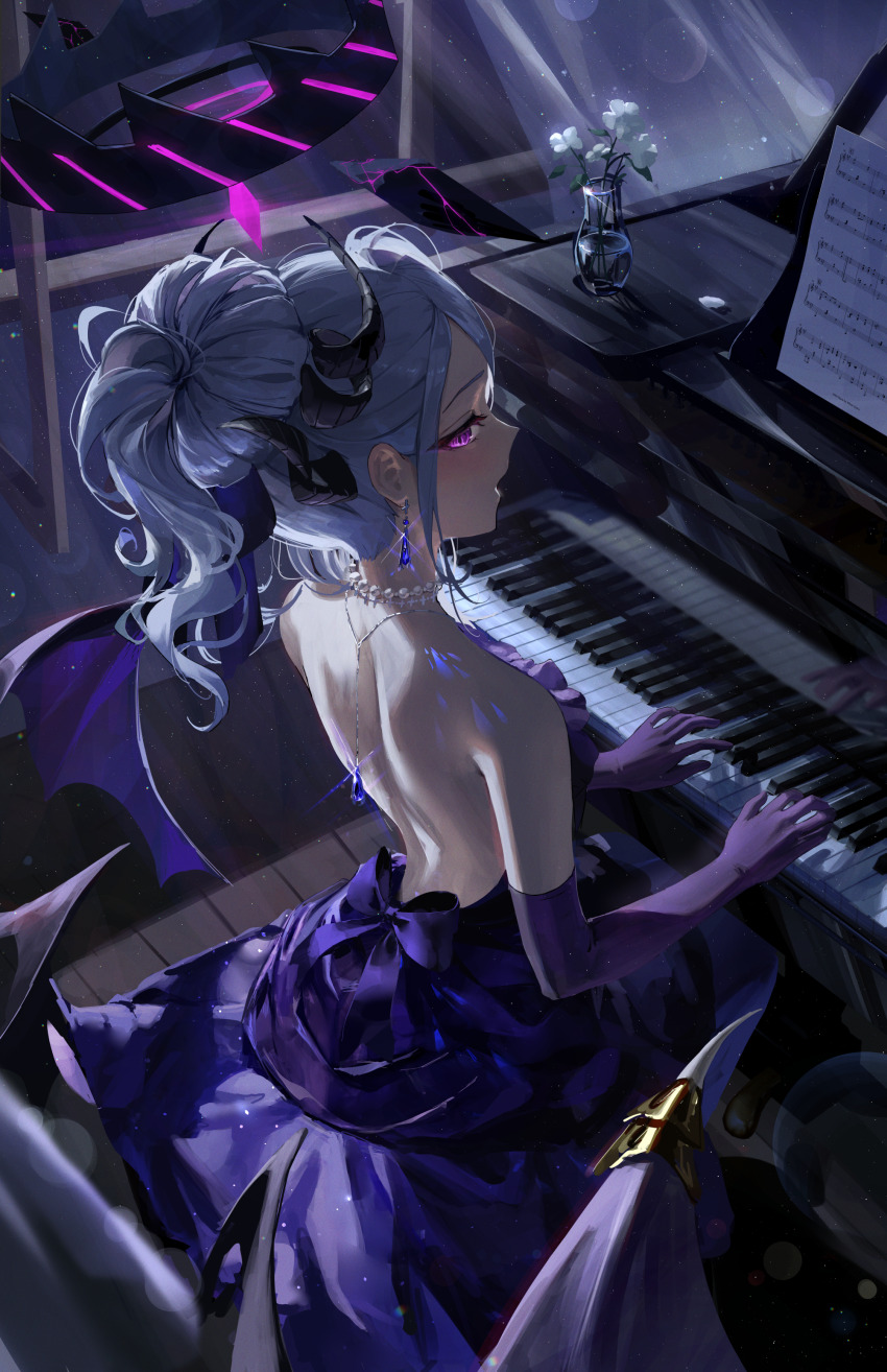 1girl absurdres black_halo black_horns blue_archive demon_horns demon_wings dress earrings gloves grand_piano grey_hair halo highres hina_(blue_archive) hina_(dress)_(blue_archive) horns instrument jewelry meltyrice multiple_horns music necklace official_alternate_costume official_alternate_hairstyle pearl_necklace piano playing_instrument playing_piano purple_dress purple_eyes purple_gloves purple_wings solo strapless strapless_dress vase wings