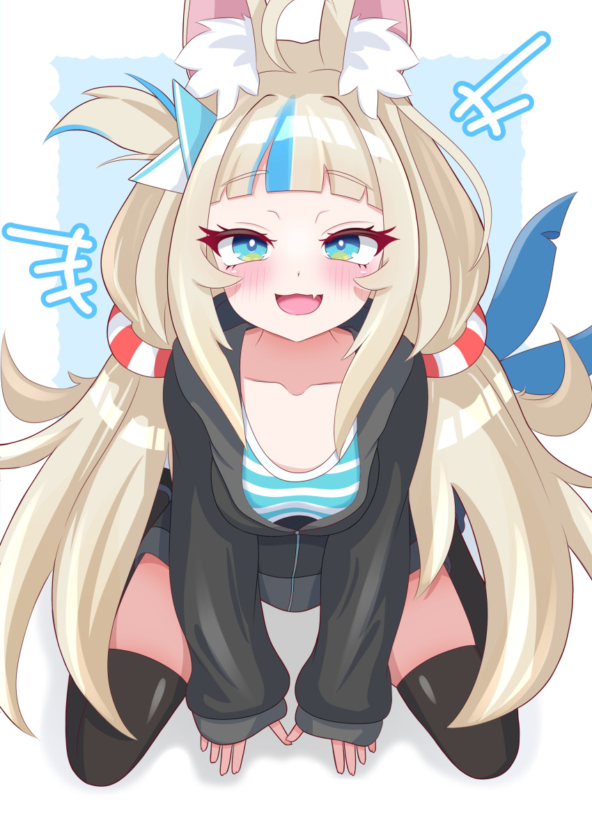+++ 1girl :3 absurdres animal_ear_fluff animal_ears bikini black_jacket black_thighhighs blonde_hair blue_background blue_bikini blue_eyes blue_hair border breasts cat_ears collarbone commentary_request fang fins fish_girl fish_tail highres indie_virtual_youtuber jacket lifebuoy_hair_ornament long_hair long_sleeves looking_at_viewer low_twintails multicolored_hair open_mouth rei_(2812q) sameko_saba sitting skin_fang small_breasts solo streaked_hair striped_bikini striped_clothes swimsuit tail thighhighs twintails two-tone_hair very_long_hair wariza white_border