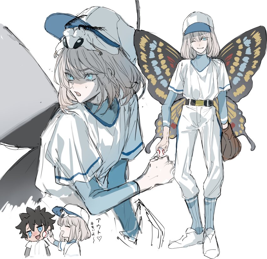 2boys absurdres black_hair blanca_(fate) blue_eyes bug butterfly_wings closed_eyes fate/grand_order fate_(series) fujimaru_ritsuka_(male) grey_hair hair_between_eyes hat highres insect_wings multiple_boys oberon_(fate) oberon_(refreshing_summer_prince)_(fate) short_hair simple_background smile wings yurumawari