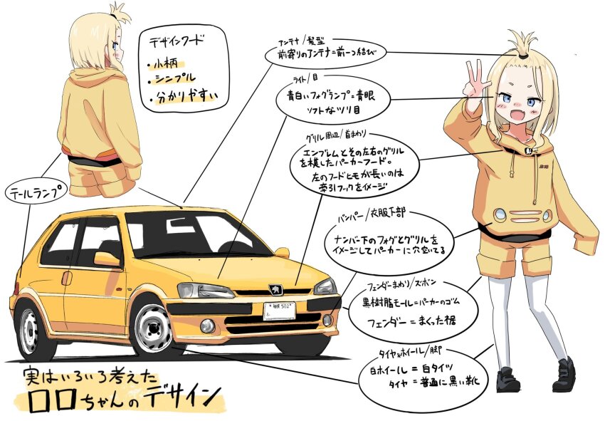 1girl black_footwear blonde_hair blue_eyes blush car character_name reference_sheet fang highres hikageno hood hoodie looking_at_viewer looking_back medium_hair motor_vehicle open_mouth orange_hoodie orange_shorts original pantyhose personification peugeot peugeot_106 roro-chan_(hikageno) shorts simple_background skin_fang translation_request v vehicle_and_personification white_background white_pantyhose yellow_car