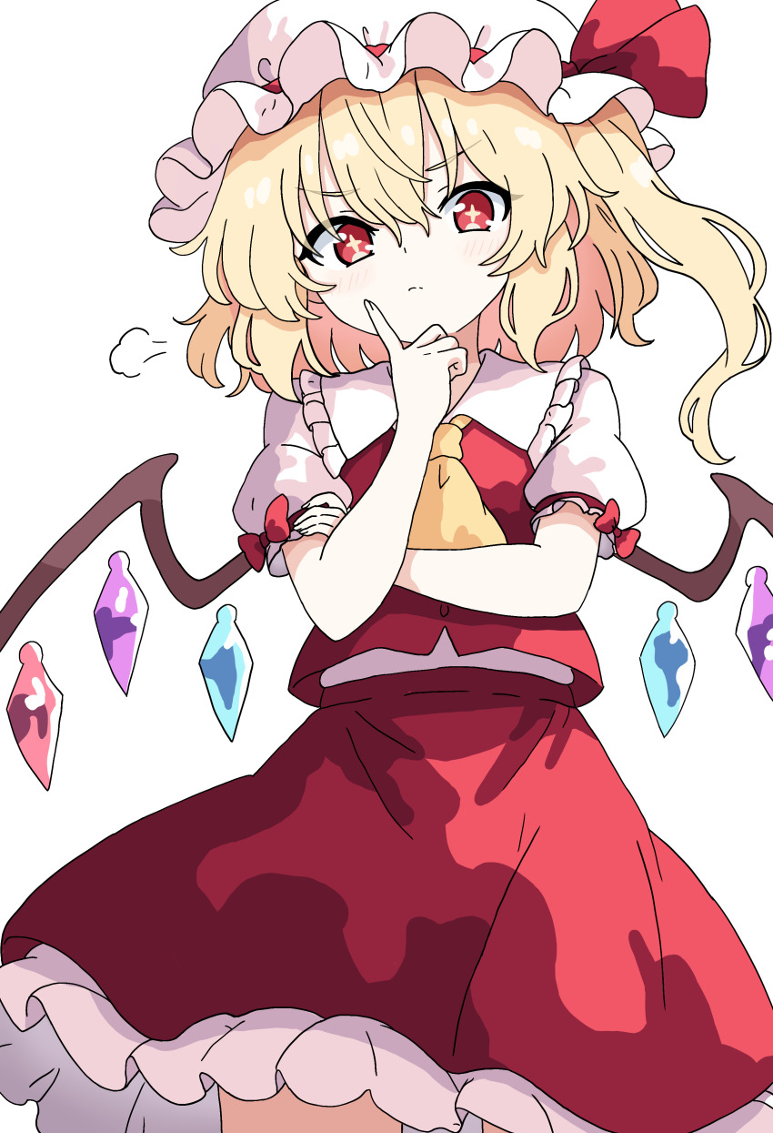 +_+ 1girl absurdres ascot blonde_hair bow closed_mouth collared_shirt commentary_request crystal crystal_wings flandre_scarlet frilled_shirt_collar frilled_skirt frills hat hat_ribbon highres looking_at_viewer mob_cap multicolored_wings one_side_up pioartstuff puff_of_air puffy_short_sleeves puffy_sleeves red_bow red_eyes red_skirt red_vest ribbon shirt short_sleeves skirt skirt_set sleeve_bow solo touhou transparent_background vest white_hat white_shirt wings yellow_ascot