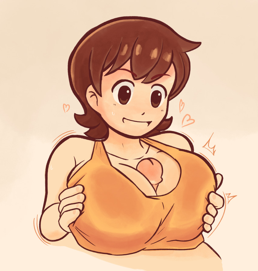 1girl aioi_yuuko bare_shoulders bra breasts breasts_squeezed_together brown_eyes brown_hair cleavage collarbone dozo_gon heart hetero highres large_breasts looking_at_penis motion_lines nichijou open_mouth orange_bra paizuri paizuri_under_clothes penis pov short_hair simple_background skindentation smile sports_bra underwear yellow_background