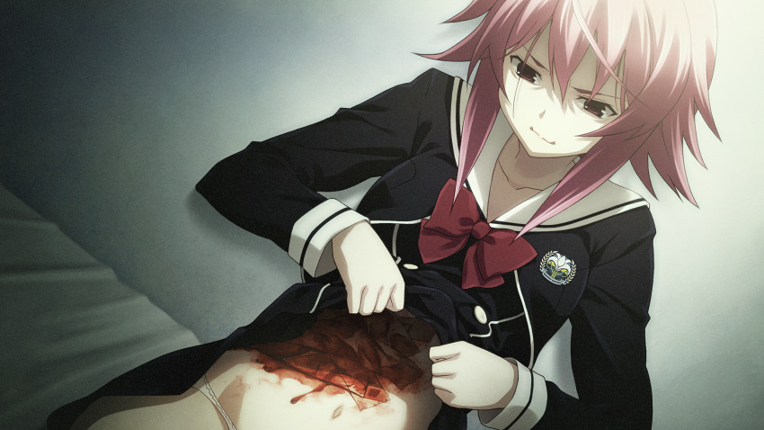 1girl black_dress black_jacket black_vest blood blood_drip bow breasts buttons chaos;child chest_bow clenched_teeth clothes_lift collarbone cropped_jacket deep_wound double-breasted dress dress_lift dress_vest duct_tape dutch_angle ears_visible_through_hair game_cg hair_between_eyes hekiho_academy hekiho_academy_school_uniform highres injury jacket lifting_own_clothes long_sleeves medium_breasts navel non-web_source official_art onoe_serika pain panties panty_peek pink_eyes pink_hair sailor_collar sailor_shirt sasaki_mutsumi school_emblem school_uniform shirt short_hair short_hair_with_long_locks sidelocks sitting skirt skirt_lift solo stomach stray_hair teeth underwear vest white_panties white_sailor_collar