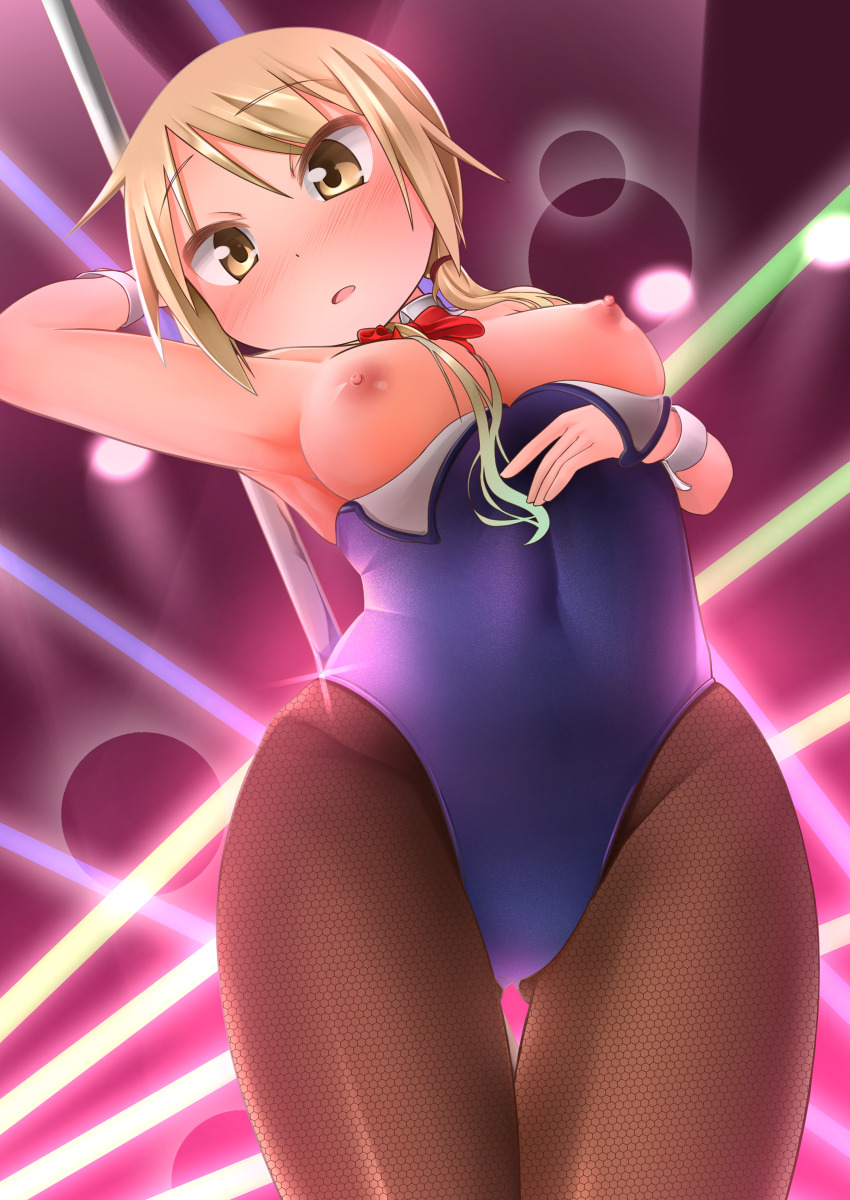 1girl absurdres baaad_sima black_leotard black_pantyhose blonde_hair blush breasts breasts_out covered_navel female_focus highres ichii_yui large_breasts leotard nipples open_mouth pantyhose pole_dancing short_hair solo yellow_eyes yuyushiki