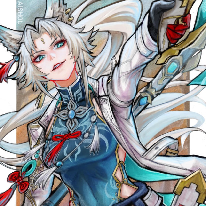 1girl absurdres ai_shou animal_ear_piercing animal_ears artist_name commentary english_commentary eyeliner feixiao_(honkai:_star_rail) forehead_jewel fox_ears fox_girl highres holding holding_weapon honkai:_star_rail honkai_(series) long_hair makeup parted_bangs pillarboxed red_eyeliner solo weapon white_hair