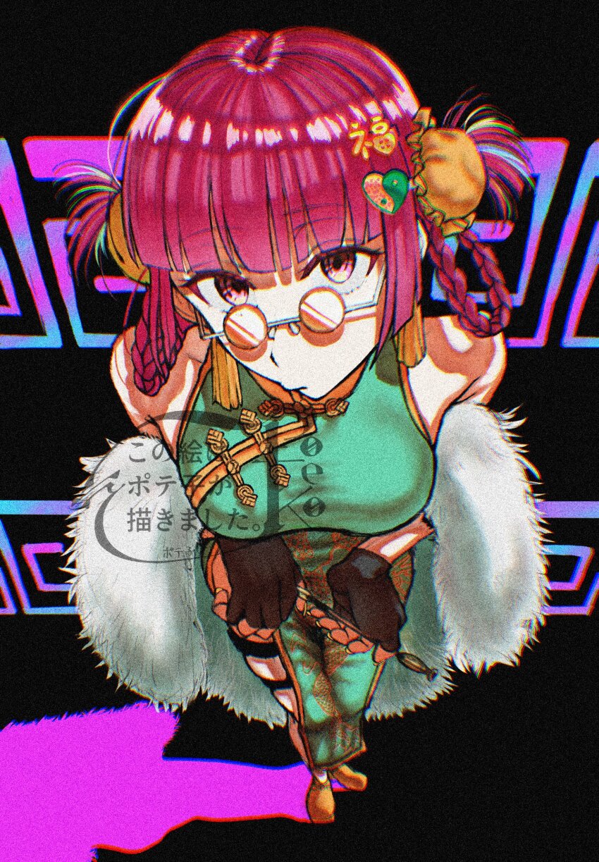 1girl abstract_background artist_name bare_shoulders black_gloves blunt_bangs bocchi_the_rock! braid braided_hair_rings breasts china_dress chinese_clothes cloak double_bun dragon_print dress earrings film_grain fingerless_gloves full_body fur_shawl gloves green_dress hair_bun hair_rings highres hiroi_kikuri holding holding_smoking_pipe jewelry kanji_hair_ornament looking_at_viewer medium_breasts orange-tinted_eyewear purple_eyes purple_hair round_eyewear shawl shoes smoking_pipe standing tassel tassel_earrings thigh_strap tinted_eyewear user_hvzy4342 watermark yellow_shoes yin_yang_hair_ornament