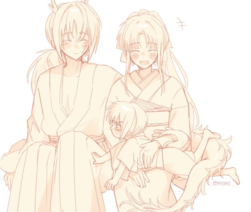 +++ 1girl 2boys abcd0060 barefoot blush child chinese_commentary closed_mouth collarbone commentary_request dragon_horns dragon_tail facial_scar facing_another father_and_son feet_out_of_frame hair_ribbon hakama hakama_pants high_ponytail highres himura_kenji himura_kenshin horns husband_and_wife japanese_clothes kamiya_kaoru kimono long_hair long_sleeves looking_at_another low_ponytail lying lying_on_lap monochrome mother_and_son multiple_boys obi on_stomach open_mouth pants ponytail ribbon rurouni_kenshin sash scar scar_on_cheek scar_on_face sepia short_hair sidelocks sitting smile tail white_background