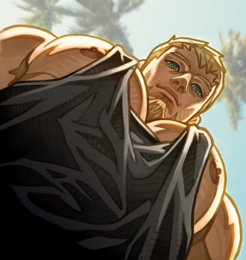 1boy absolum_art arcadia_nights asher_(absolum) bara black_tank_top blonde_hair blue_eyes closed_mouth commentary english_commentary facial_hair goatee highres large_pectorals looking_at_viewer male_focus meme nipples original palm_tree pectorals puffy_chest shirt short_hair sky smile solo tank_top tree pec_pov_(meme)