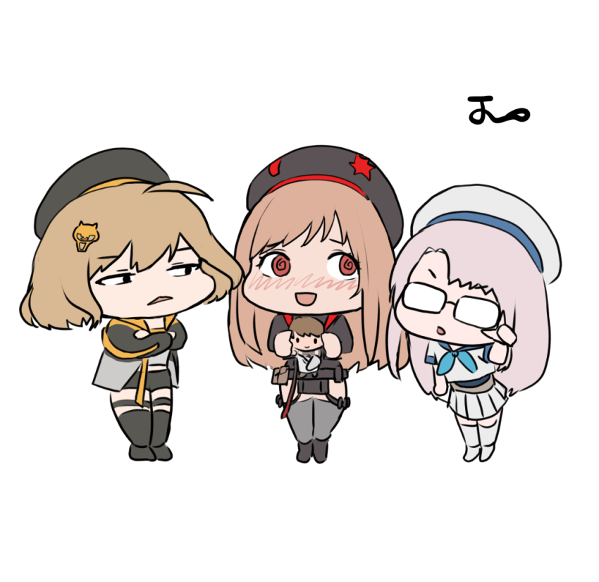 3girls ahoge anis_(nikke) belt_pouch beret black_gloves black_jacket black_thighhighs breasts brown_hair character_doll chibi cleavage collared_leotard commander_(nikke) counters_(nikke) cropped_jacket glasses gloves goddess_of_victory:_nikke grey_hair hair_ornament hat jacket large_breasts long_hair long_sleeves multiple_girls necktie neon_(nikke) noorung open_mouth pouch rapi_(nikke) red_eyes red_necktie shirt short_hair swimsuit swimsuit_under_clothes thighhighs thighs two-tone_gloves