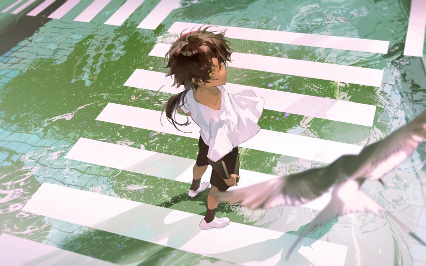 1boy animal arknights bird black_shorts black_socks brown_hair crosswalk dark-skinned_male dark_skin fandangyu floating_clothes full_body highres looking_at_animal male_focus parted_bangs ponytail shirt shoes shorts socks solo standing thorns_(arknights) white_shirt white_shoes yellow_eyes