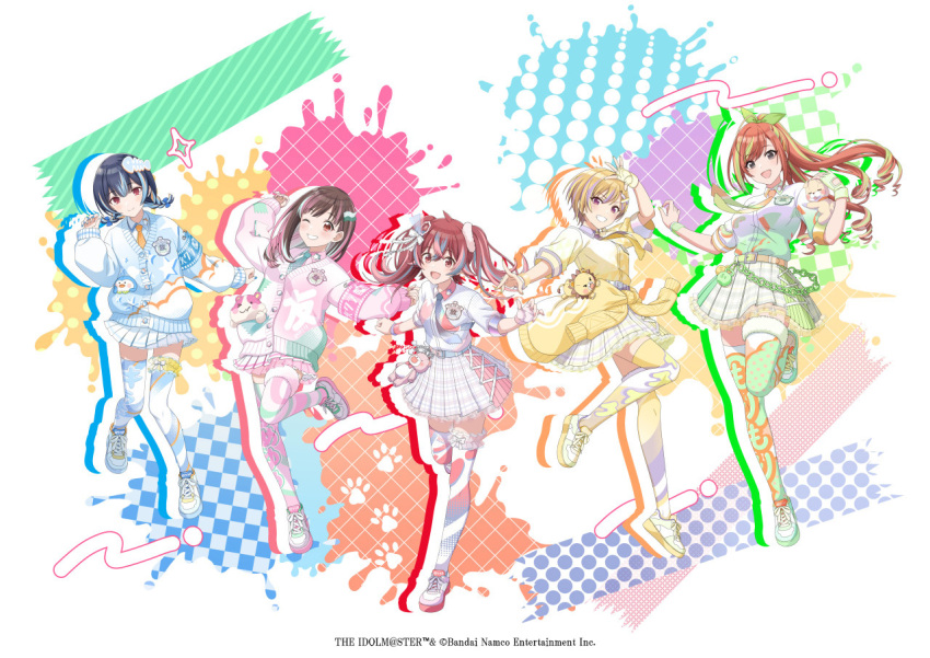 5girls arisugawa_natsuha armband blonde_hair blue_hair blue_nails blush bow braid breasts brown_hair closed_mouth clothes_around_waist company_name copyright_name crest crossed_bangs fingerless_gloves fur_trim gloves green_hair green_nails green_thighhighs grin hair_down hair_ornament houkago_climax_girls_(idolmaster) idolmaster idolmaster_shiny_colors idolmaster_shiny_colors_song_for_prism jacket komiya_kaho leg_up light_blue_hair long_hair long_sleeves looking_at_viewer medium_breasts morino_rinze multicolored_hair multiple_girls nail_polish necktie official_alternate_costume official_alternate_hairstyle official_art one_eye_closed open_mouth parted_bangs patterned_background patterned_clothing patterned_legwear pink_hair pink_nails pink_sweater plaid_clothes plaid_skirt pleated_skirt red_eyes red_hair ribbon saijo_juri school_uniform shoes short_hair short_sleeves sidelocks simple_background single_glove skirt small_breasts smile sneakers sonoda_chiyoko streaked_hair stuffed_animal stuffed_dog stuffed_hamster stuffed_lion stuffed_penguin stuffed_toy sweater sweater_around_waist swept_bangs teddy_bear thighhighs twin_braids twintails white_background yellow_nails yellow_thighhighs zettai_ryouiki