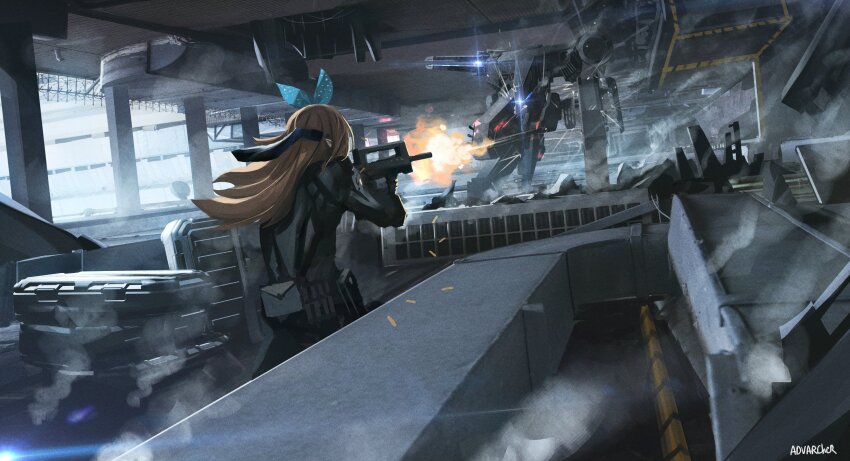 1girl absurdres advarcher assault_rifle blonde_hair bullpup famas gun hair_ribbon highres holding holding_gun holding_weapon mecha metal_gear_(robot) metal_gear_(series) metal_gear_rex metal_gear_solid nijisanji nijisanji_en pomu_rainpuff ribbon rifle robot virtual_youtuber weapon