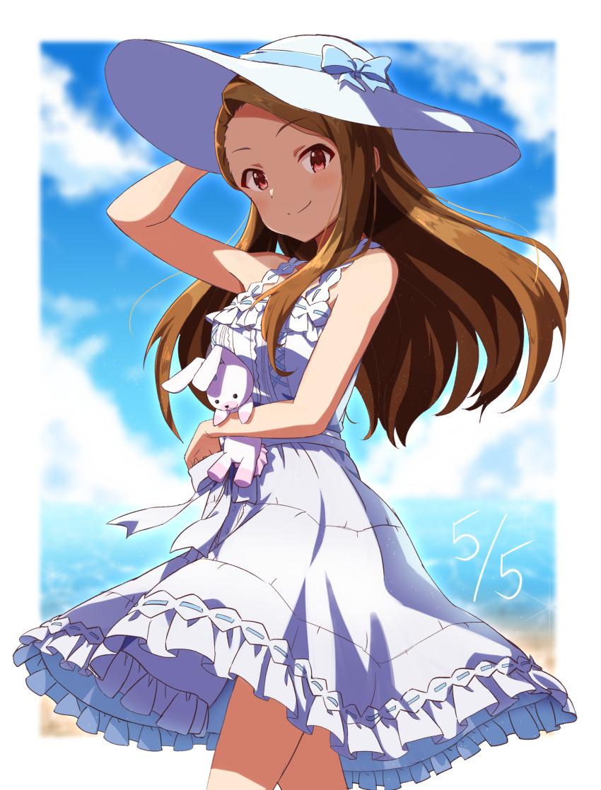1girl absurdres arm_up bare_shoulders beach blue_ribbon blue_sky blurry blurry_background blush bow breasts brown_eyes brown_hair child closed_mouth cowboy_shot dot_nose dress frilled_dress frills from_side gen_(renoir1124) hand_on_headwear happy_birthday hat hat_ribbon highres holding holding_stuffed_toy idolmaster idolmaster_(classic) idolmaster_million_live! idolmaster_million_live!_theater_days long_hair looking_at_viewer minase_iori ocean pure_onepiece_(idolmaster) red_eyes ribbon sky sleeveless sleeveless_dress small_breasts smile solo standing stuffed_animal stuffed_rabbit stuffed_toy usa-chan_(idolmaster) waist_bow white_bow white_dress white_hat