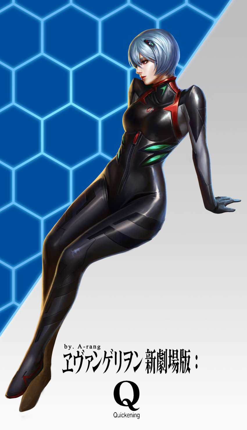10s 1girl absurdres arm_support artist_name ayanami_rei blue_background blue_hair bodysuit breasts closed_mouth copyright_name english_text evangelion:_3.0_you_can_(not)_redo female_focus from_side gloves gradient_background grey_background headgear hexagon highres hip_focus honeycomb_(pattern) honeycomb_background honeycomb_pattern interface_headset_(evangelion) legs_together lipstick looking_down looking_to_the_side makeup mecha_pilot_suit medium_breasts neon_genesis_evangelion plugsuit_(evangelion) profile realistic rebuild_of_evangelion red_eyes red_lips shiny_clothes short_hair silver_hair sitting solo taekwon_kim turtleneck zipper