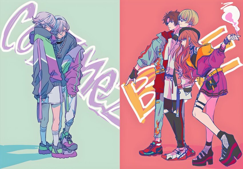 1other 4boys anne_faulkner aqua_hair bae_(paradox_live) blonde_hair brothers cigarette cozmez_(paradox_live) earrings facing_to_the_side full_body green_background group_name highres holding holding_cigarette jewelry looking_at_another multicolored_hair multiple_boys phantometal_(paradox_live) purple_eyes purple_hair red_background red_hair shirota69 siblings sugasano_allen sunglasses twins yatonokami_kanata yatonokami_nayuta yeon_hajun