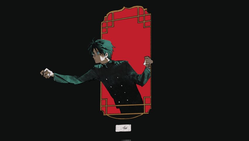 1boy black_background blue_eyes buttons commentary_request dhbdybsgwn gakuran glass green_hair highres long_sleeves looking_to_the_side male_focus outstretched_arm parted_lips school_uniform short_hair simple_background solo through_window watanuki_kimihiro window xxxholic