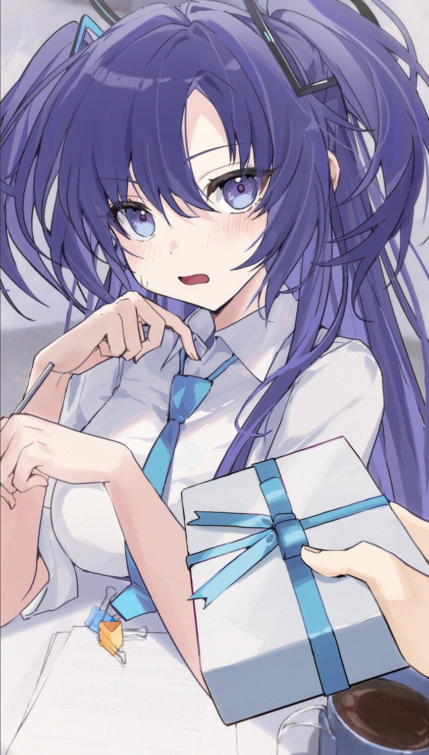 absurdres b_soyo1 blue_archive blue_necktie blue_ribbon breasts cup gift hair_between_eyes halo highres large_breasts long_hair looking_at_viewer necktie paper purple_eyes purple_hair ribbon shirt twintails white_shirt yuuka_(blue_archive)