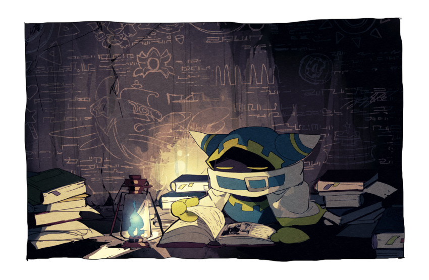 animal_ears belt belt_buckle belt_collar blue_belt blue_fire blue_hood blueprint_(object) book book_stack bookmark border buckle cape closed_eyes collar commentary_request covered_mouth dark ear_covers fire gear_print gloves higa423 hood hood_up kirby_(series) lantern lor_starcutter magolor nintendo no_humans rayman_limbs scarf solo turning_page white_border white_cape white_scarf yellow_gloves