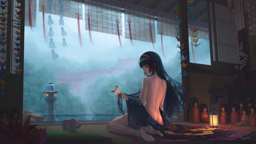 1girl absurdres architecture artist_name ass back bad_id bad_pixiv_id bamboo_screen bare_back bare_shoulders bishoujo_mangekyou bishoujo_mangekyou:_kotowari_to_meikyuu_no_shoujo bishoujo_mangekyou_(series) black_hair black_kimono blunt_bangs bug butterfly clothes_down commentary cushion doll east_asian_architecture expressionless feet floral_print flower green_eyes hair_ornament hairband highres hime_cut holding holding_own_hair insect japanese_clothes kimono lantern lgmt long_hair looking_at_viewer naked_kimono no_shoes obi origami pagoda paper_crane petite photoshop_(medium) pillow plant porch potted_plant print_kimono profile rain red_rope renge_(bishoujo_mangekyou) revision rope sash scenery shouji sitting sliding_doors socks solo teruterubouzu torii tree veranda water white_socks wide_shot window_blinds yokozuwari zabuton