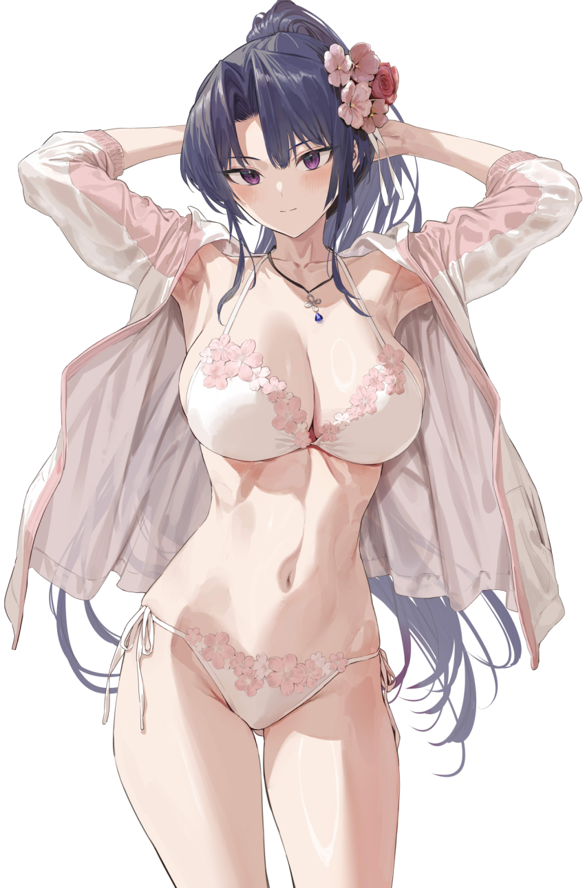 1girl armpits arms_behind_head arms_up black_hair blush bra breasts cleavage closed_mouth floral_print floral_print_bra floral_print_panties flower gluteal_fold hair_flower hair_ornament high_ponytail highres hiiragi_yuuichi jacket jewelry kanzaki_ouka kendo_shoujo large_breasts long_hair long_sleeves looking_at_viewer midriff multicolored_jacket navel necklace open_clothes open_jacket panties parted_bangs pink_bra pink_jacket pink_panties ponytail print_panties purple_eyes side-tie_panties simple_background solo thighs two-tone_jacket underwear very_long_hair white_background white_jacket