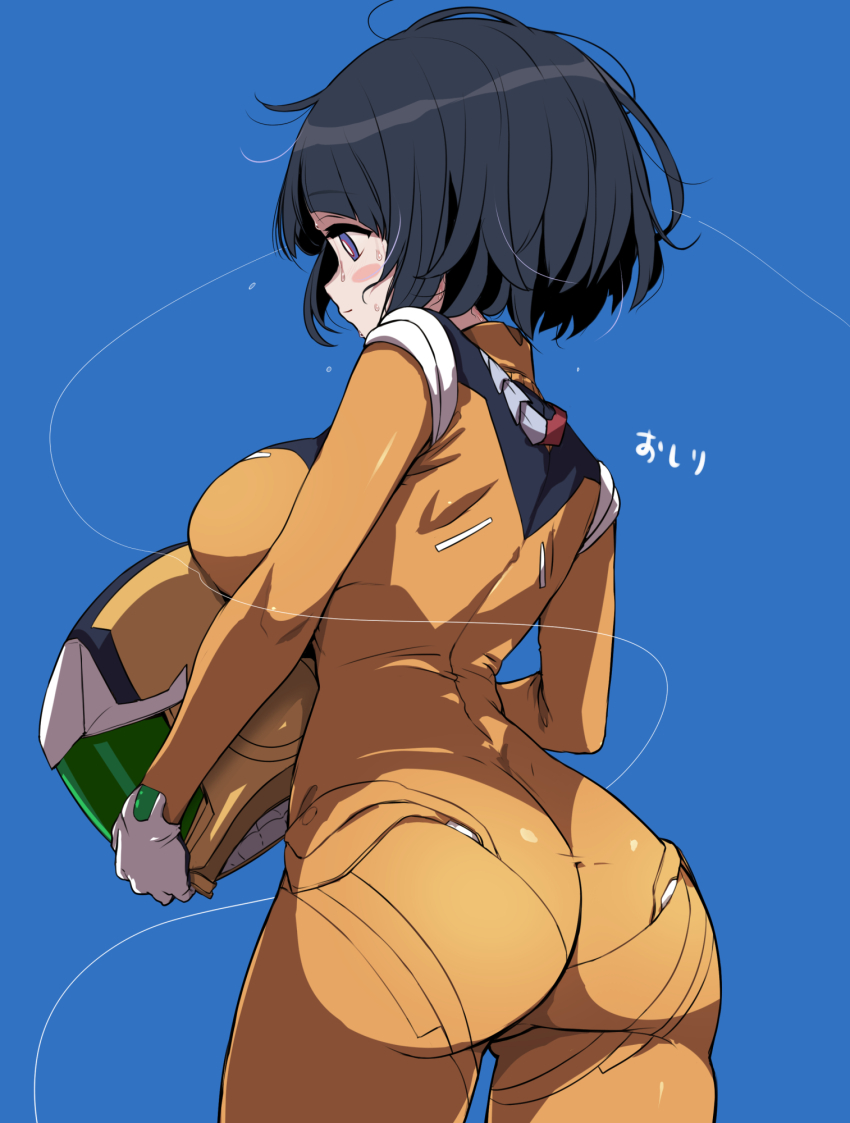 1girl ass black_hair blue_background blue_eyes blush_stickers bodysuit breast_press breasts from_behind gloves gundam gundam_gquuuuuux helmet highres hirowa_nagi messy_hair orange_bodysuit orange_helmet shiiko_sugai short_hair simple_background skin_tight solo sweat thighs white_gloves